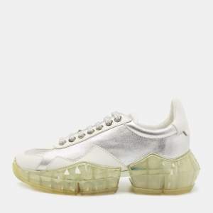 Jimmy Choo Silver/White Leather Diamond Sneakers Size 37