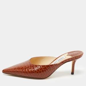 Pre Owned Jimmy Choo Brown Croc Embossed Leather Rav Mules Size 36.5  