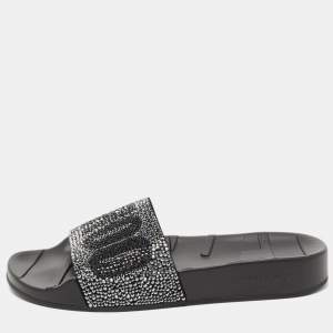 Pre Owned Jimmy Choo Black Crystal Embellished Suede Rey Slides Size 35