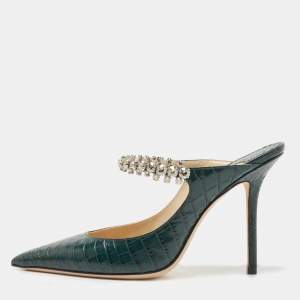 Pre Owned Jimmy Choo Dark Green Croc Embossed Leather Bing Mules Size 36