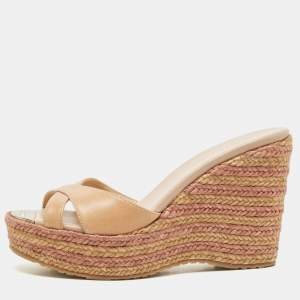 Jimmy Choo Beige Leather Prima Espadrille Wedge Sandals Size 37
