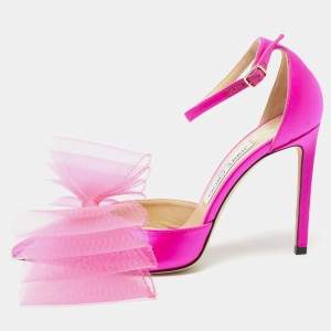 Jimmy Choo Pink Satin Averly Bow Pointed Toe Ankle Strap Pumps Size 37.5