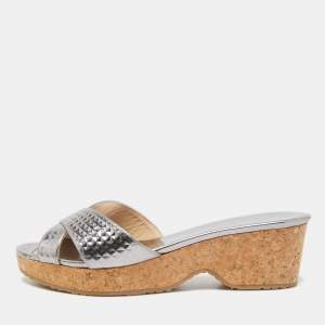 Pre Owned Jimmy Choo Silver Leather Prima Wedge Sandals Size 40