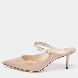 Pre Owned Jimmy Choo Beige Patent Leather Bing Crystal Embellished Pointed Toe Mules Size 37.5