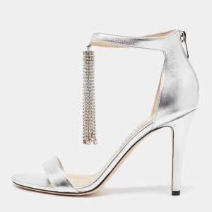 Pre Owned Jimmy Choo Silver Leather Crystal Embellished Chandelier Sandals Size 40