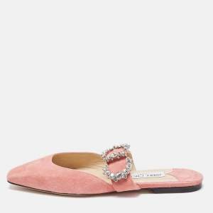 Pre Owned Jimmy Choo Pink Suede Crystal Embellishments Mary Jane Flat Mules Size 38.5
