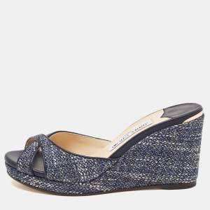 Pre Owned Jimmy Choo Navy Blue Tweed Almer Wedge Sandals Size 36