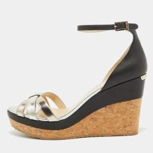 Pre Owned Jimmy Choo Silver/Black Leather Wadge Ankle Strap Sandals Size 40