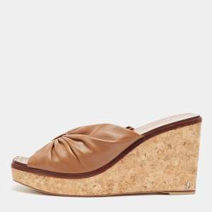 Pre Owned Jimmy Choo Brown Leather Wedge Sandals Size 39.5