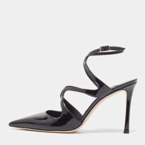 Pre Owned Jimmy Choo Black Patent Leather Azia Slingback Pumps Size 37.5