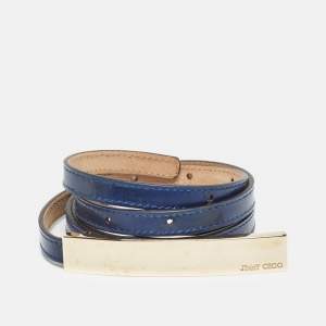 Jimmy Choo Navy Blue Patent Leather Logo Metal Slim Waist Belt 90CM