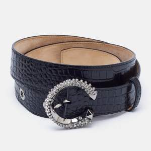 Jimmy Choo Black Croc Embossed Leather Madeline Crystals Buckle Belt 90CM