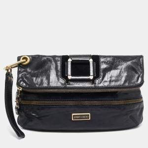 Jimmy Choo Black Leather and Suede Mave Foldover Clutch