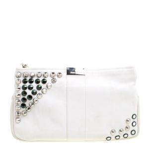 Pre Owned Jimmy Choo Off White Leather Studded Zulu Clutch