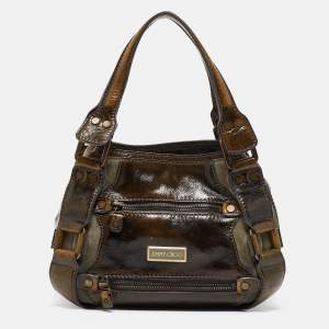 Jimmy Choo Olive Green Patent Leather and Suede Mahala Tote