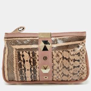 Jimmy Choo Pink/Beige Snakeskin and Suede Zulu Clutch