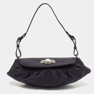 Jimmy Choo Black Satin Crystals Embellished Flap Pochette Bag