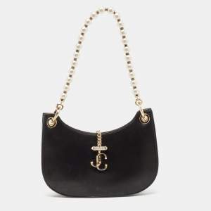 Pre Owned Jimmy Choo Black Leather Pearl Embellished Varenne Hobo