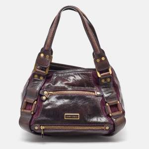 Jimmy Choo Dark Brown/Purple Patent Leather and Suede Mahala Satchel