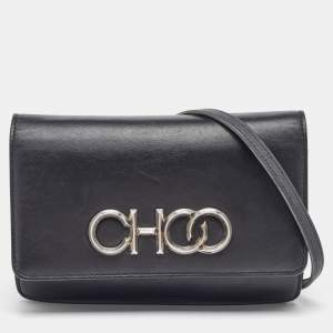 Jimmy Choo Black Leather Logo Flap Crossbody Bag