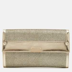 Jimmy Choo Gold Leather and Glitter Mesh Reese Continental Clutch
