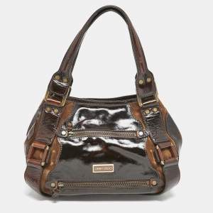 Jimmy Choo Dark Brown Patent Leather and Suede Malena Satchel