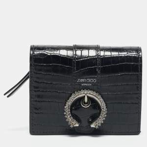 Jimmy Choo Black Croc Embossed Leather Hanne Crystals Compact Wallet