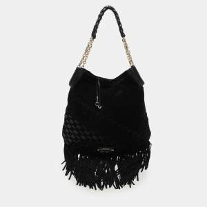 Pre Owned Jimmy Choo Black Suede and Snakeskin Fringed Tatum Hobo