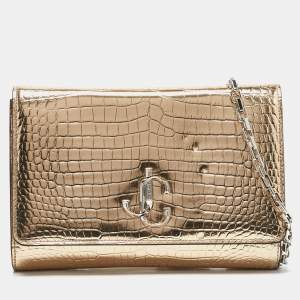 Jimmy Choo Gold Croc Embossed Leather Varenne Chain Clutch