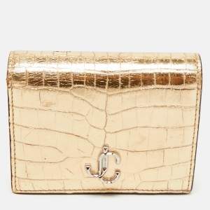 Jimmy Choo Gold Croc Embossed Leather Hanne Card Case