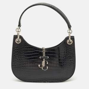 Jimmy Choo Black Croc Embossed Leather Varenne Hobo