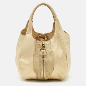 Jimmy Choo Beige/Gold Leather and Suede Mandah Expandable Hobo