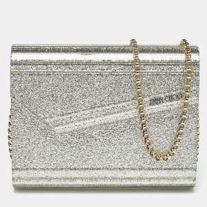Pre Owned Jimmy Choo Silver Glitter Acrylic and Leather Candy Chain Clutch