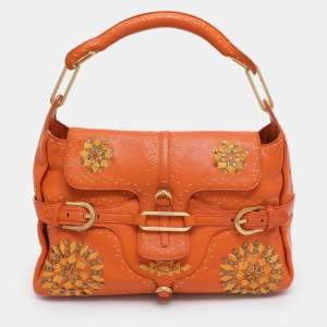 Pre Owned Jimmy Choo Orange Embroidered Leather Tulita Top Handle Bag