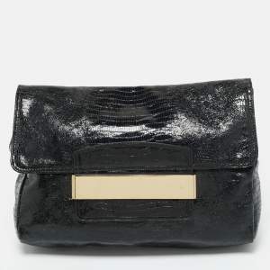 Pre Owned Jimmy Choo Black Lizard Embossed Glossy Leather Carolina Clutch