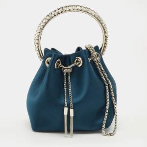 Pre Owned Jimmy Choo Teal Blue Satin Crystal Embellished BonBon Drawstring Bag