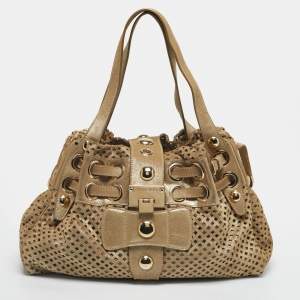 Pre Owned Jimmy Choo Gold Shimmer Perforated Suede Riki Tote