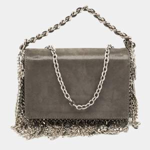 Pre Owned Jimmy Choo Grey Shimmer Suede Chain Embellished Fringe Shoulder Bag