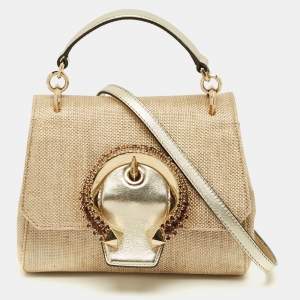 Pre Owned Jimmy Choo Crystal Madeline Gold Woven Raffia Top Handle Bag