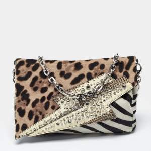 Pre Owned Jimmy Choo Animal Print Calf Hair and Python Embellished Shoulder Bag