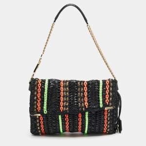 مملوكة مسبقًا Jimmy Choo Black Woven Raffia and Snake Chain Shoulder Bag