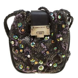 Pre Owned حقيبة كروس جيمي تشو زخرفة ترتر جلد سوداء