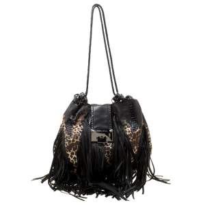Jimmy Choo Black/Beige Leopard Print Leather and Snakeskin Fringe Drawstring Bag