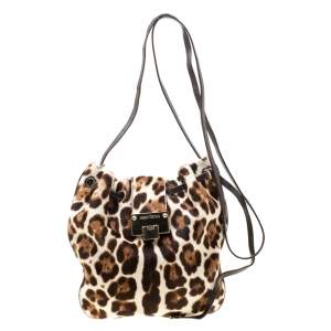 Pre Owned Jimmy Choo Beige Leopard Print Calfhair Drawstring Crossbody Bag