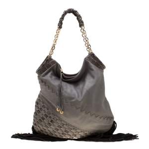 Pre Owned حقيبة جيمي تشو تاتوم جلد ثعبان أسود بشراشيب