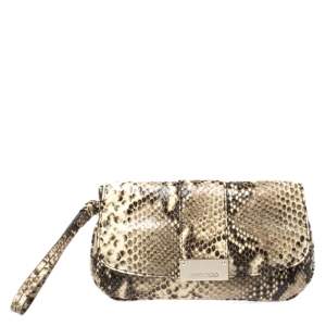Pre Owned Jimmy Choo Cream/Black Python Effect Leather Flap Wristlet Clutch 