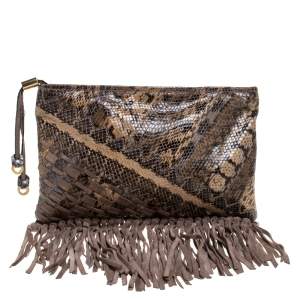 Jimmy Choo Beige Python and Suede Fringe Tita Convertible Clutch 