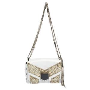 Pre Owned Jimmy Choo White/Gold Leather and Glitters Lockett City Shoulder Bag