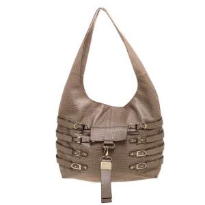 Jimmy Choo Beige Textured Leather Bardia Buckle Hobo