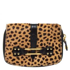 Pre Owned Jimmy Choo Beige/Black Leopard Print Calfhair and Leather Compact Wallet